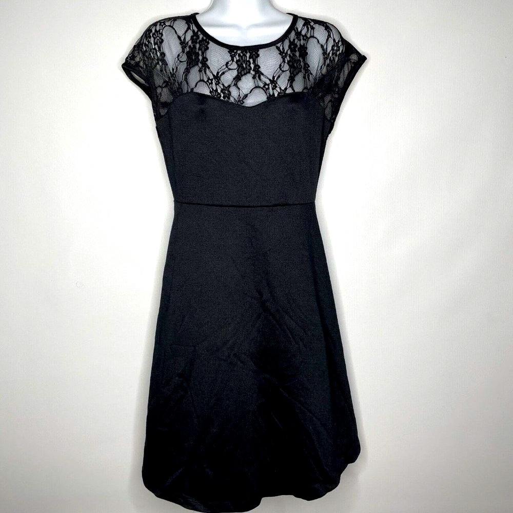 Rock Steady Retro Black Stretch Jersey Floral Mesh Lace Fit Flare Dress